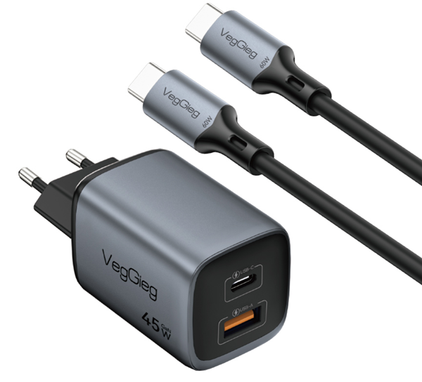 Bộ Sạc Nhanh 45W USB-C to USB-C VegGieg V-M118 | Sạc PD siêu nhanh